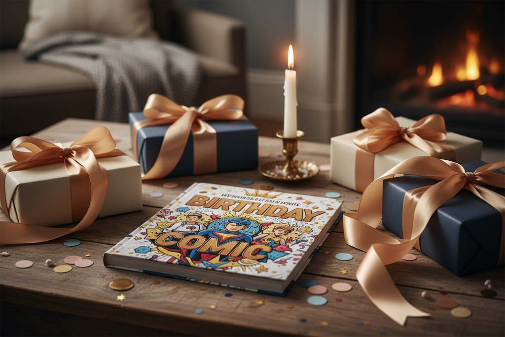 A beautifully printed “Birthday Comic” book on a wooden table, surrounded by wrapped gifts, confetti, a lit candle, and soft warm lighting. Luxury HOPE Studio aesthetic, Almond Gold ribbon, cozy celebration mood.