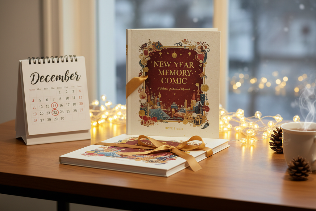 A beautifully printed ‘New Year Memory Comic’ book placed on a wooden desk with fairy lights, a small calendar showing December, warm golden lighting, minimal aesthetic. HOPE Studio premium style, cozy celebratory mood, Almond Gold ribbon.