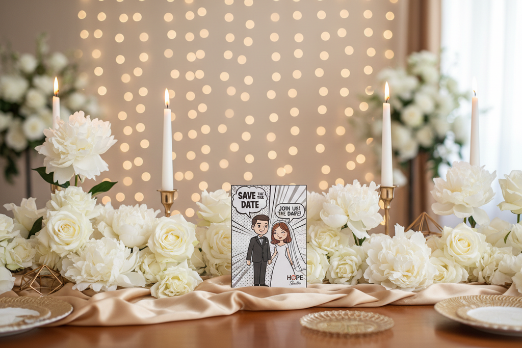 A beautifully styled Save The Date invitation scene with a printed comic-style card placed on a wedding table setup — white florals, candles, silk fabric drape, soft ambient fairy lights, premium luxury aesthetic, Almond Gold accents, HOPE Studio visual style.
