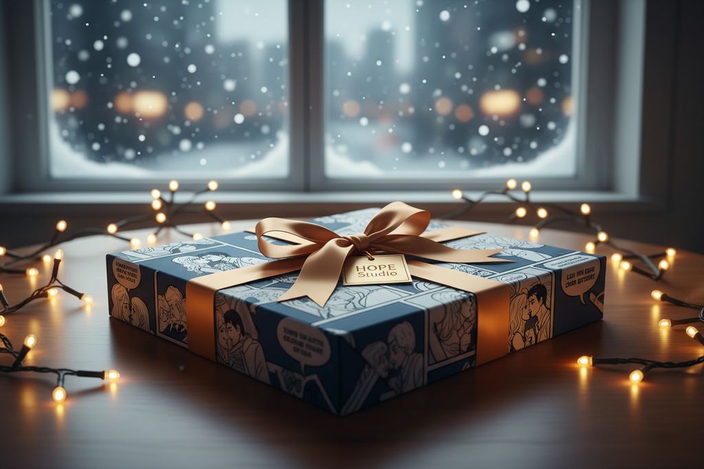 A beautifully wrapped comic-style love story book placed on a wooden table, warm festive fairy lights, soft bokeh, gentle snow outside a window, Almond Gold ribbon, deep Ink Blue shadows, cinematic romantic mood, HOPE Studio semi-realistic illustration style, premium gifting aesthetic, ultra-clean, 4K.
