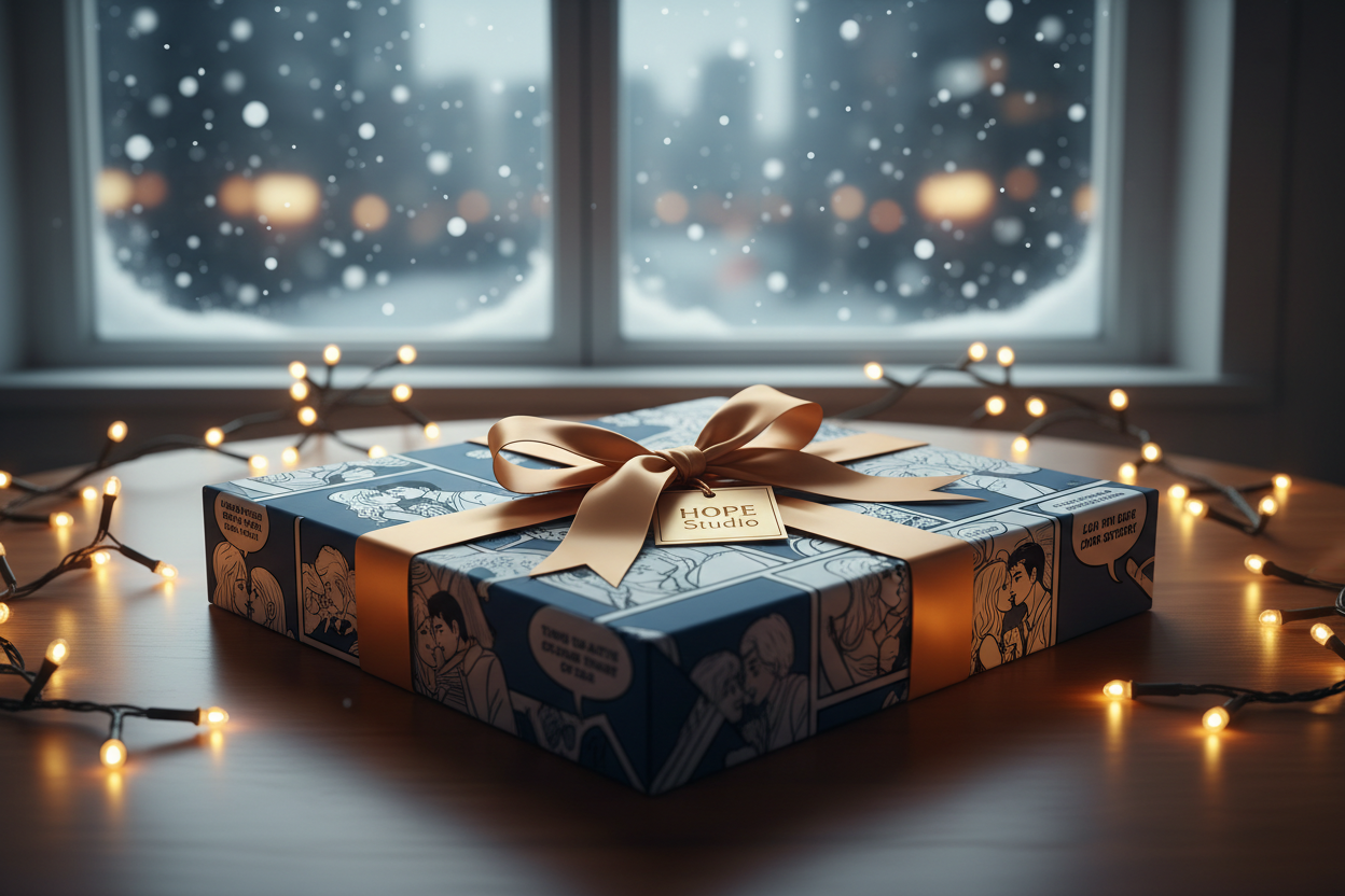 A beautifully wrapped comic-style love story book placed on a wooden table, warm festive fairy lights, soft bokeh, gentle snow outside a window, Almond Gold ribbon, deep Ink Blue shadows, cinematic romantic mood, HOPE Studio semi-realistic illustration style, premium gifting aesthetic, ultra-clean, 4K.
