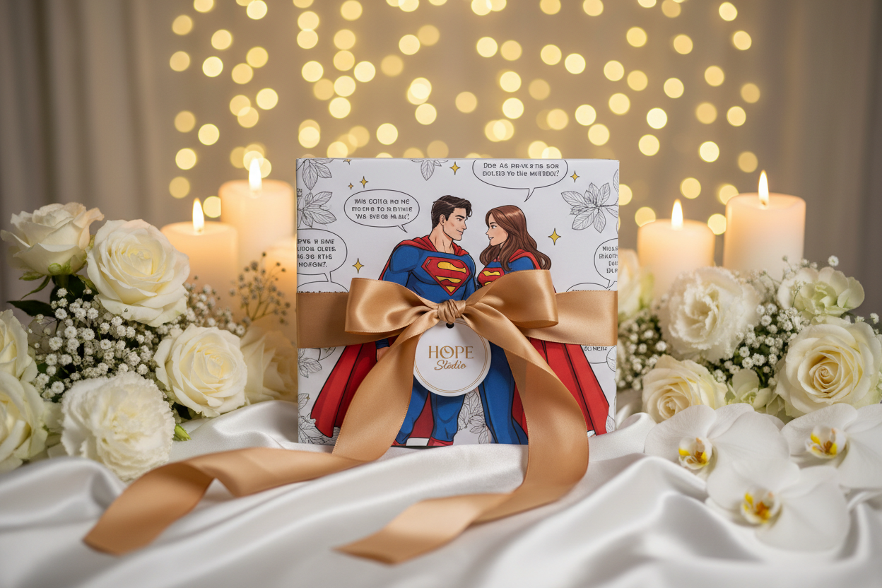 A beautifully wrapped wedding comic book tied with an Almond-Gold ribbon, placed on a soft wedding table setup with white flowers, candles, silk fabric drapes, and a blurred background of golden fairy lights. Elegant, premium, festive, cinematic, HOPE Studio branding aesthetic.

