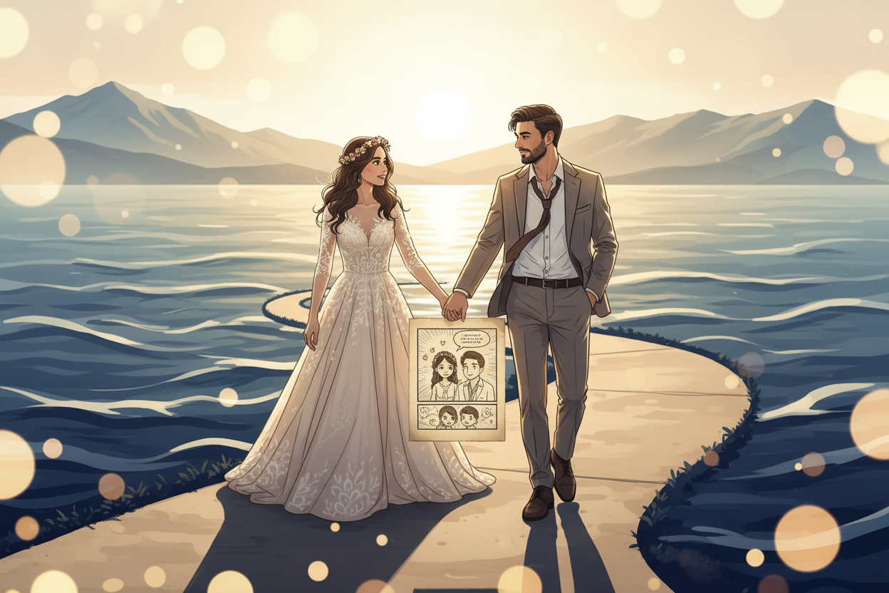 A cinematic HOPE Studio–style illustration of a newlywed couple walking hand-in-hand on a scenic honeymoon path. Soft golden sunlight, subtle bokeh, gentle ocean waves or mountain backdrop. Ink Blue and Almond Gold gradients, premium semi-realistic style, warm emotional storytelling aesthetic. The couple holds an illustrated comic panel of themselves. Luxury, romantic, premium.
