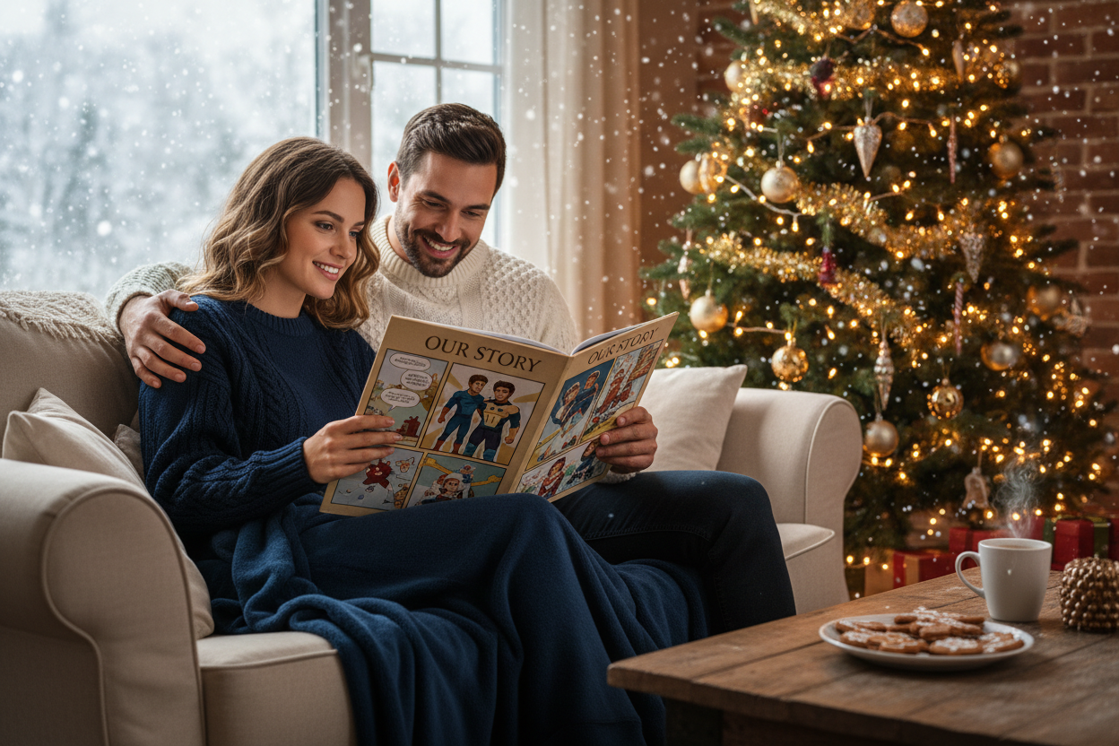A cozy romantic scene of a couple sitting near a Christmas tree with soft golden lights, holding a comic book of their story. Snow falling outside the window, warm glow, HOPE Studio semi-realistic holiday aesthetic, premium cinematic mood, Ink Blue + Almond Gold palette, ultra-detailed, 4K.

