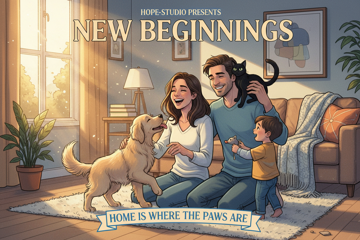 A heartwarming HOPE-Studio-style cinematic comic cover featuring a pet adoption moment — pet parents welcoming their newly adopted dog or cat at home. Soft Ink Blue and Almond Gold gradients, warm sunlight entering through a window, expressive semi-realistic illustration, emotional storytelling, cozy textures, premium comic aesthetic.