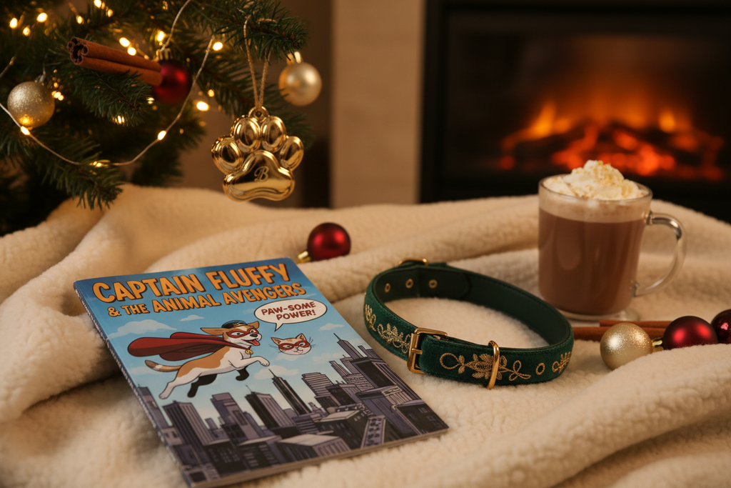 A Pet Superhero comic placed next to a pet collar, paw print ornament, and festive decorations. Warm cozy winter tones, playful but premium holiday mood. 4:5 ratio