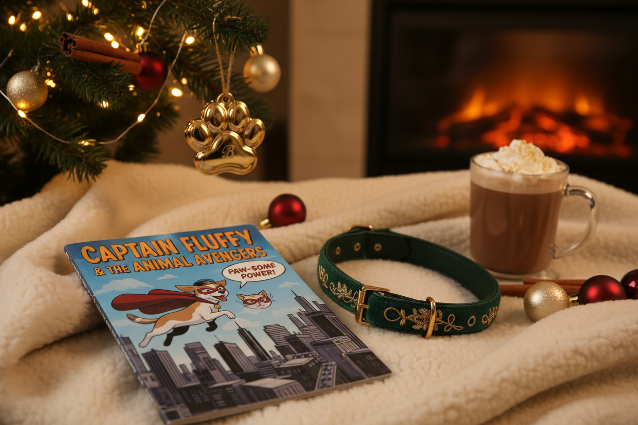 A Pet Superhero comic placed next to a pet collar, paw print ornament, and festive decorations. Warm cozy winter tones, playful but premium holiday mood. 4:5 ratio