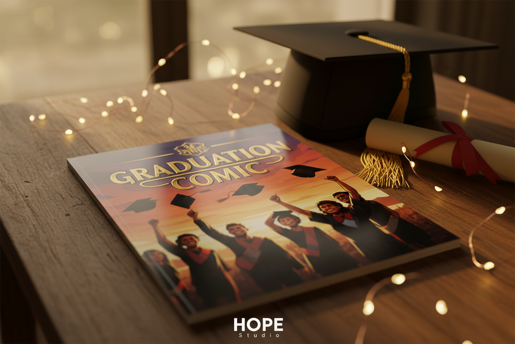 A premium printed comic book titled “Graduation Comic” placed on a wooden desk with a graduation cap, tassel, rolled certificate, and soft golden fairy lights. Warm, sentimental, cinematic HOPE Studio aesthetic.
