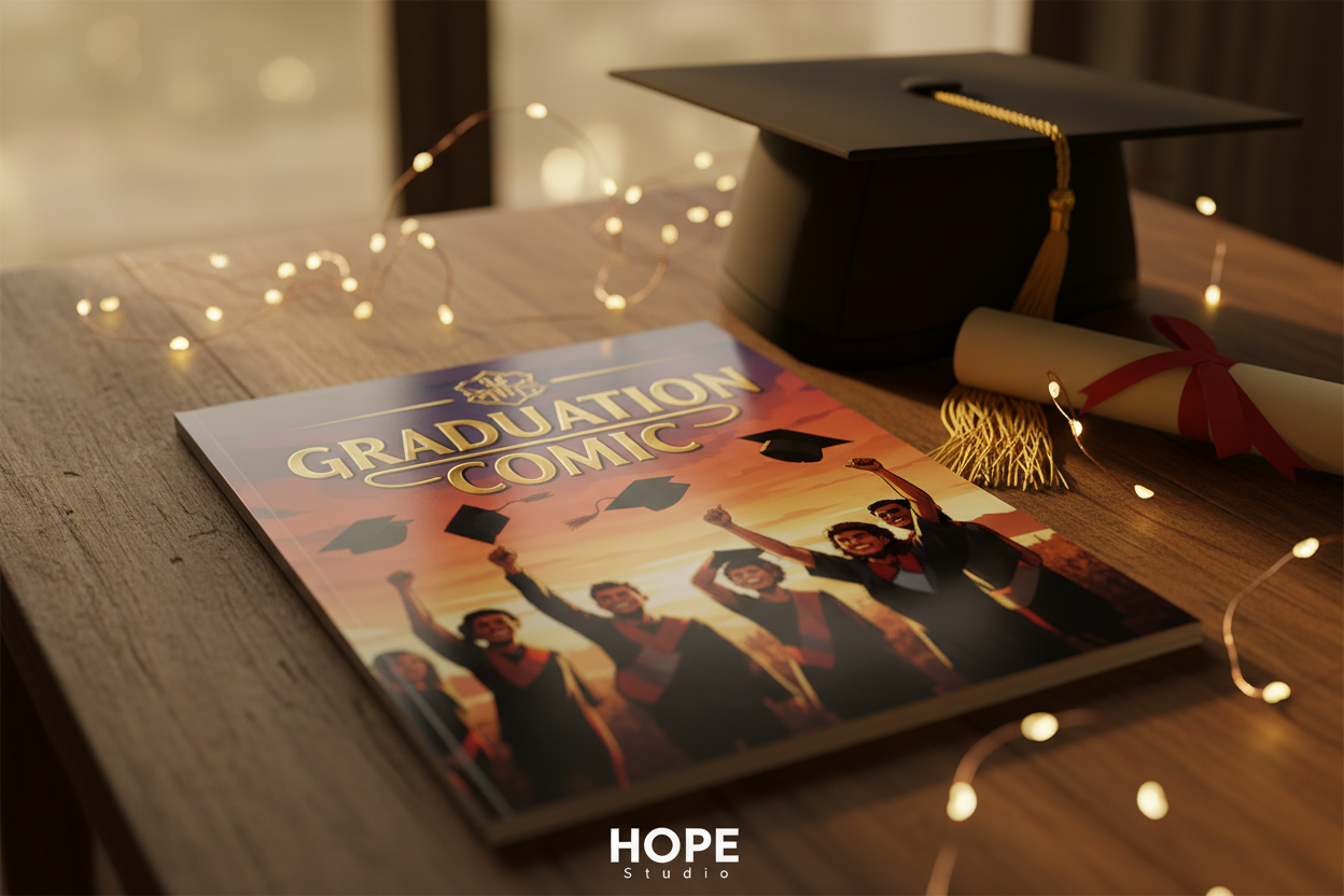 A premium printed comic book titled “Graduation Comic” placed on a wooden desk with a graduation cap, tassel, rolled certificate, and soft golden fairy lights. Warm, sentimental, cinematic HOPE Studio aesthetic.
