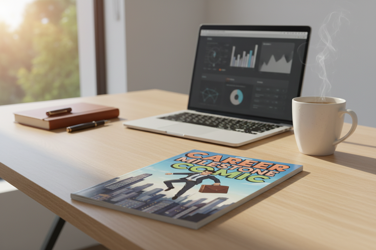 A printed comic book titled “Career Milestone Comic” placed on a clean work desk with a laptop, coffee mug, notebook, and warm sunlight. Minimal, premium, productivity-focused scene with HOPE Studio aesthetic.