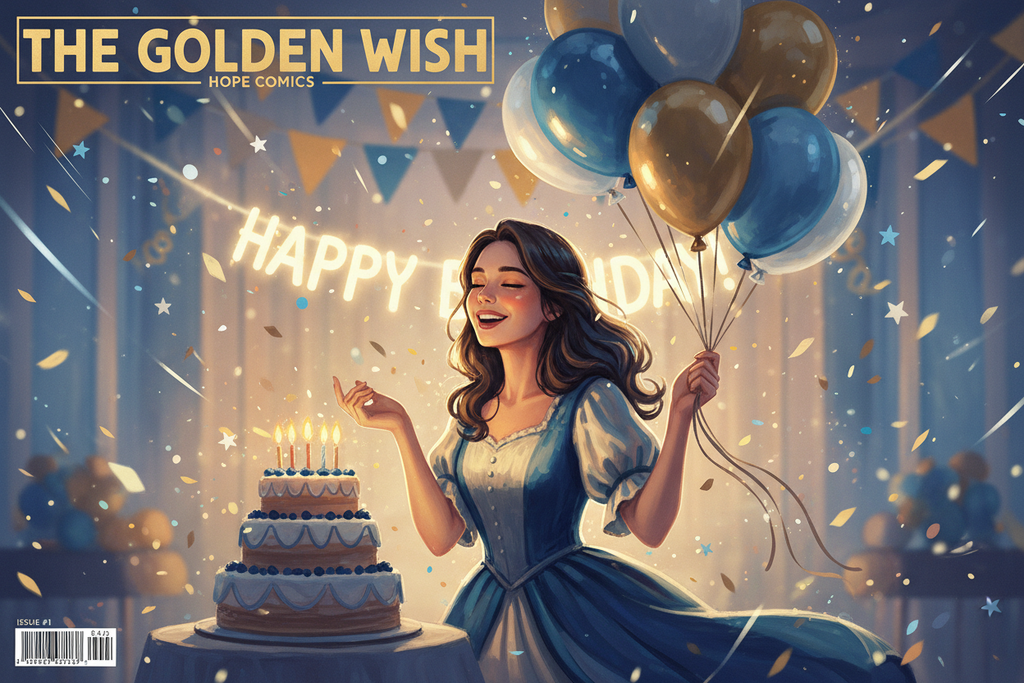 Cinematic HOPE Studio-style comic cover featuring a joyful birthday moment — smiling character with balloons, cake glow, confetti, soft Ink Blue and Almond Gold lighting, semi-realistic illustration, premium emotional tone.