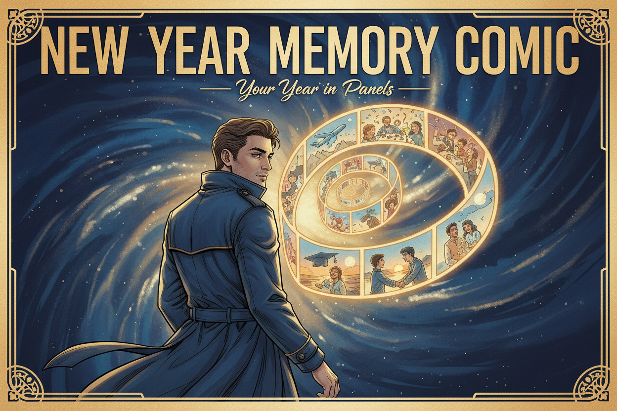 Cinematic HOPE Studio-style comic cover titled ‘New Year Memory Comic — Your Year in Panels’, featuring a character looking back at glowing panels showing memories of the year — travel, celebrations, milestones, joyful moments. Ink Blue and Almond Gold palette, soft cinematic lighting, premium semi-realistic illustration, warm emotional tone.
