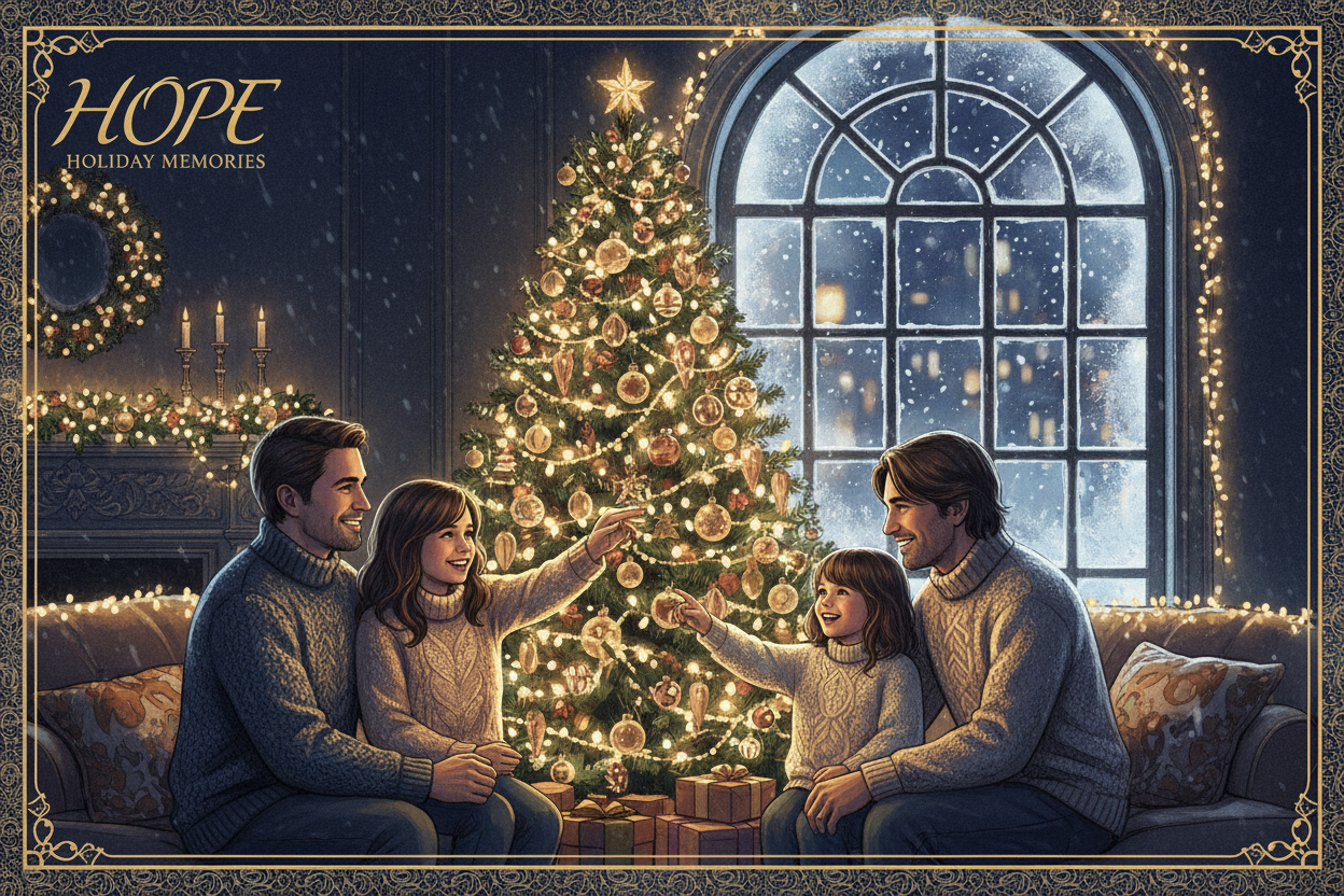 Cinematic illustrated comic cover featuring a cozy holiday moment — a couple or family smiling near a warm-lit Christmas tree, soft snowfall outside a window, glowing fairy lights, rich winter palette with Ink Blue and Almond Gold, semi-realistic HOPE Studio style, premium emotional tone.
