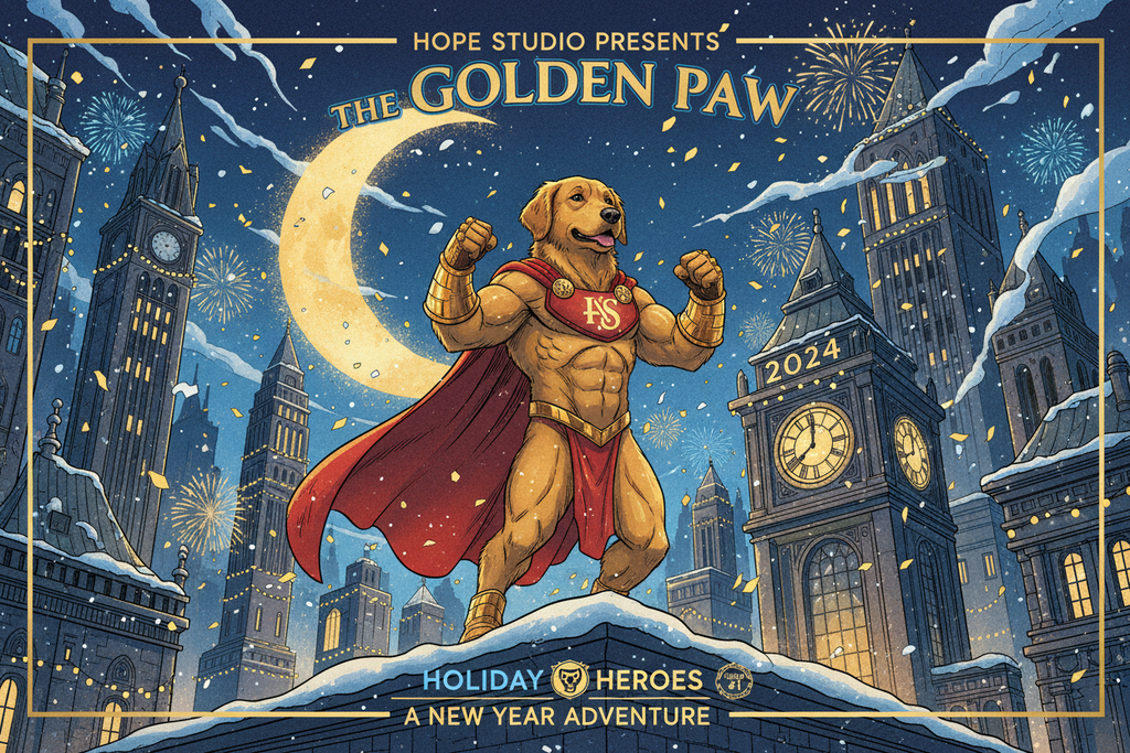 “Cinematic illustrated comic cover featuring a dog as a superhero, bold dynamic pose, festive holiday background with soft glowing lights, rich ink-blue and gold palette, HOPE Studio premium visual style, clean typographic frame, detailed comic textures, Christmas + New Year mood”