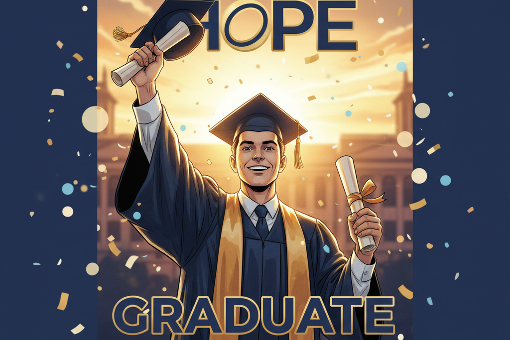 Cinematic illustrated comic cover of a graduate holding their cap and certificate, warm sunset lighting, golden glow, semi-realistic HOPE Studio style, Ink Blue + Almond Gold palette, premium emotional tone, soft bokeh, celebratory confetti, 4K, clean composition.
