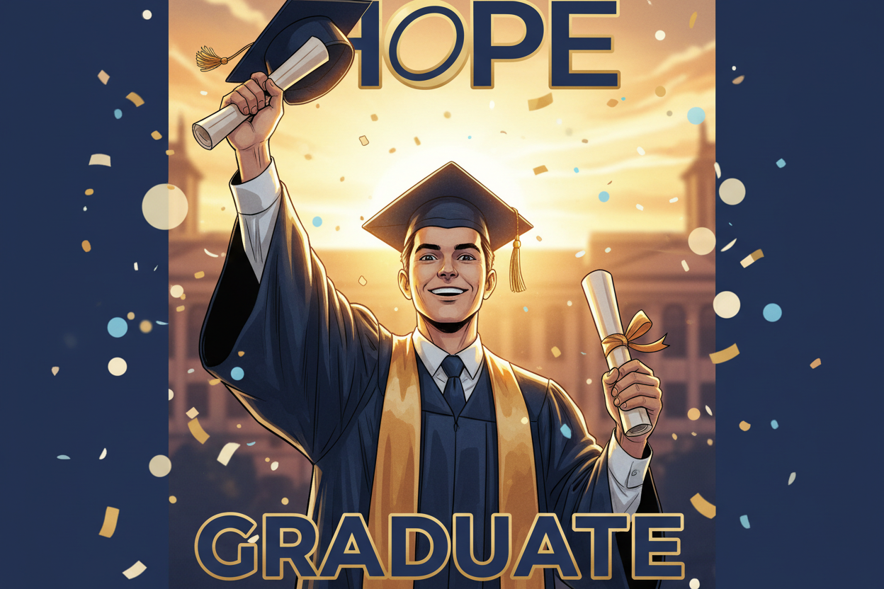 Cinematic illustrated comic cover of a graduate holding their cap and certificate, warm sunset lighting, golden glow, semi-realistic HOPE Studio style, Ink Blue + Almond Gold palette, premium emotional tone, soft bokeh, celebratory confetti, 4K, clean composition.
