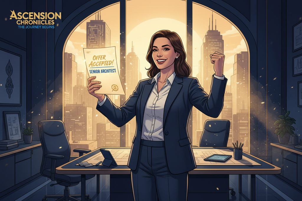 Cinematic illustrated comic cover showing a person celebrating a career milestone — holding an offer letter, promotion letter, or standing confidently in an office setting. Ink Blue and Almond Gold palette, soft directional lighting, premium semi-realistic HOPE Studio style, warm emotional tone.
