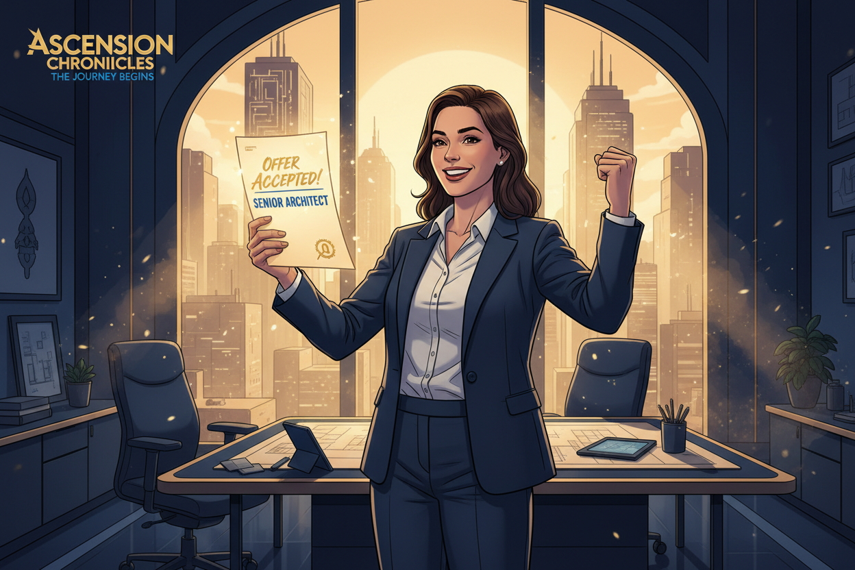 Cinematic illustrated comic cover showing a person celebrating a career milestone — holding an offer letter, promotion letter, or standing confidently in an office setting. Ink Blue and Almond Gold palette, soft directional lighting, premium semi-realistic HOPE Studio style, warm emotional tone.