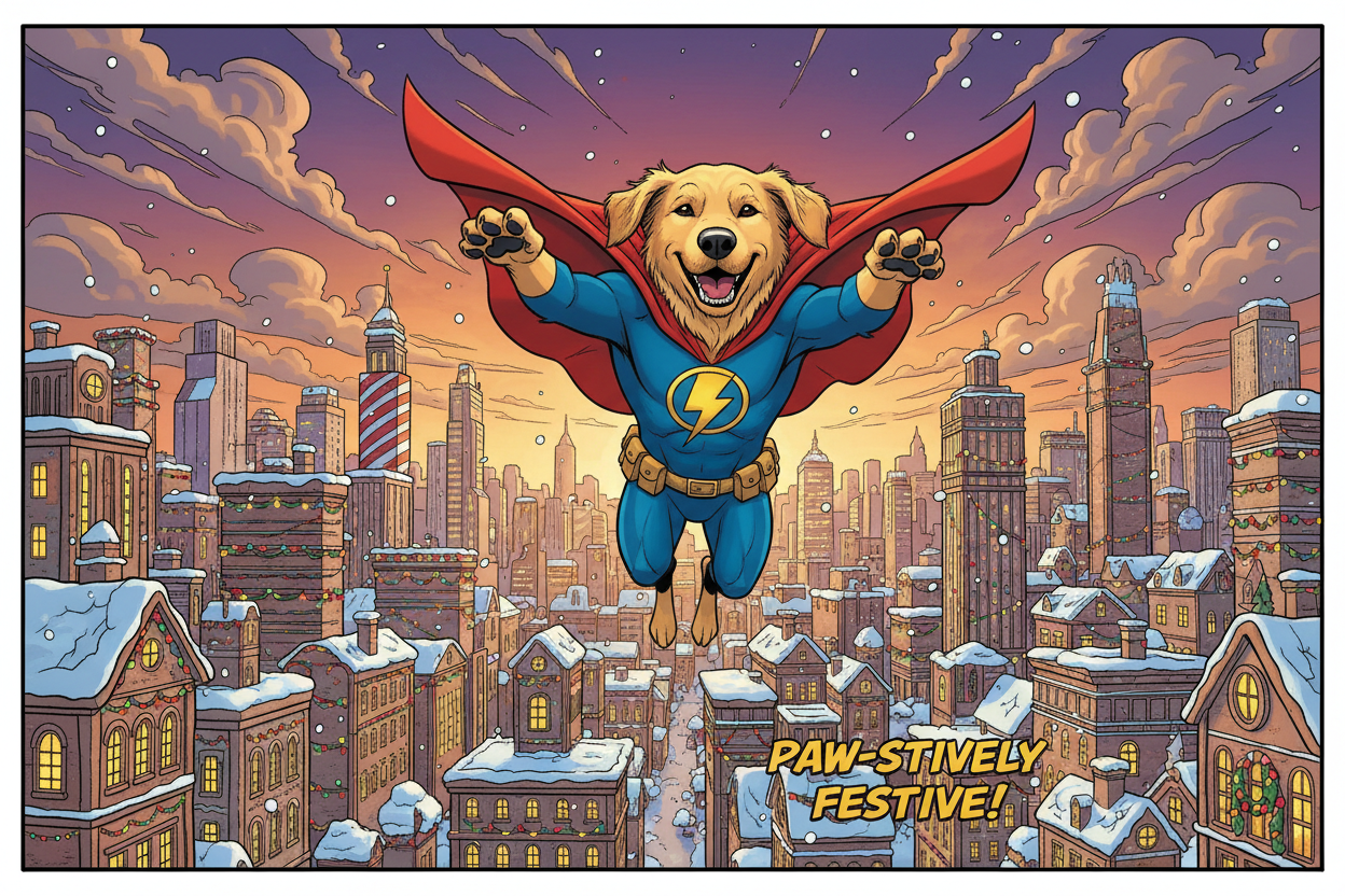 “Custom comic-style panel showing a dog in superhero costume leaping across a cityscape, premium clean ink lines, warm storytelling tone, subtle snowflakes, holiday season palette, HOPE Studio style”