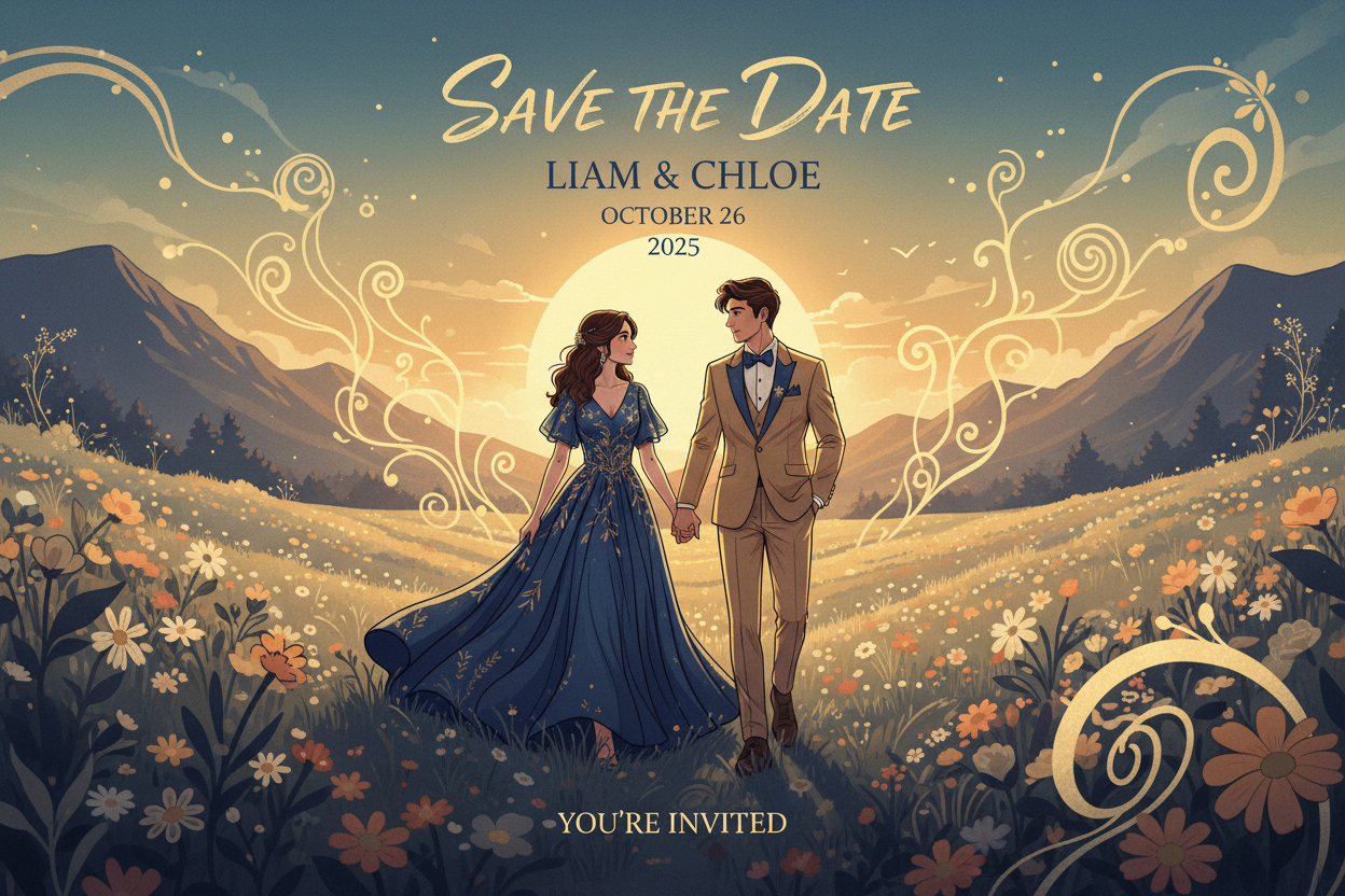 Elegant illustrated Save The Date comic cover featuring a couple holding hands, warm golden evening light, soft romantic glow, Ink Blue + Almond Gold palette, cinematic depth, semi-realistic HOPE Studio style, minimal wedding typography, premium modern aesthetic.
