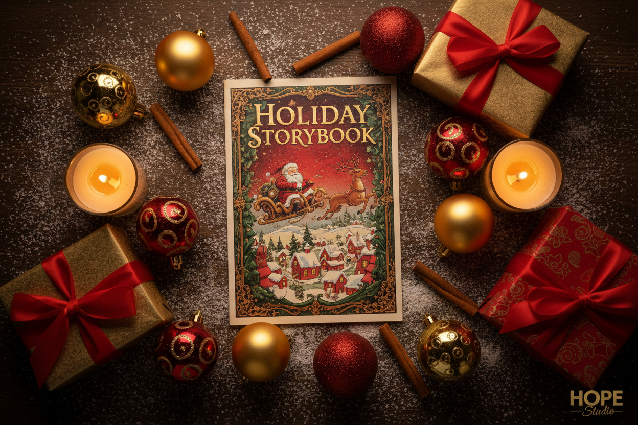 Flat-lay scene with the Holiday Storybook comic surrounded by Christmas ornaments, cinnamon sticks, warm candles, gift boxes, soft snow-like texture, elegant color grading, HOPE Studio cinematic look.

