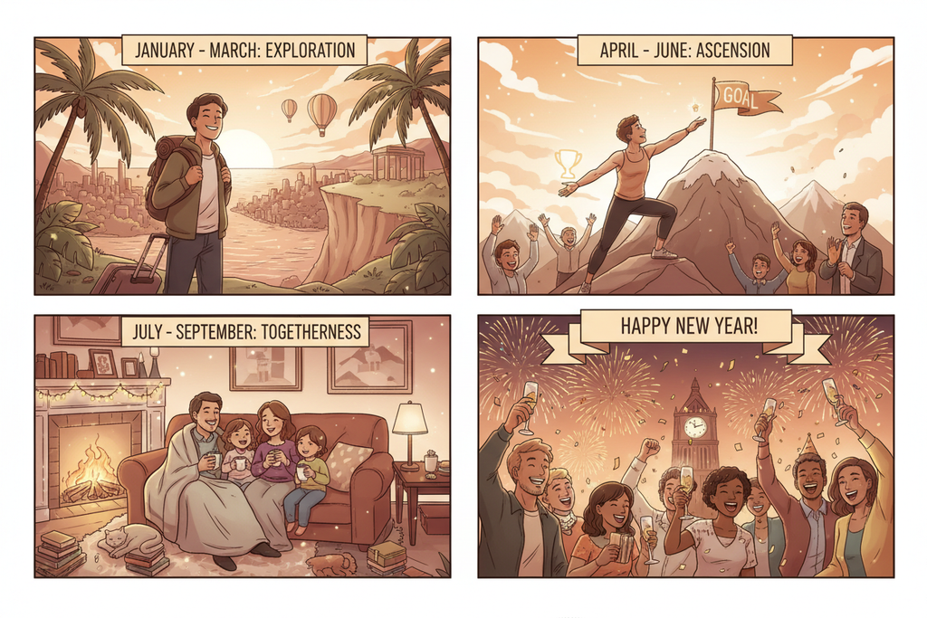 Four illustrated comic panels representing a year’s memories: travel adventure, personal achievement, cozy family moment, and celebration scene. Semi-realistic HOPE Studio style, soft gradients, warm New Year palette with golden sparks and festive lighting.