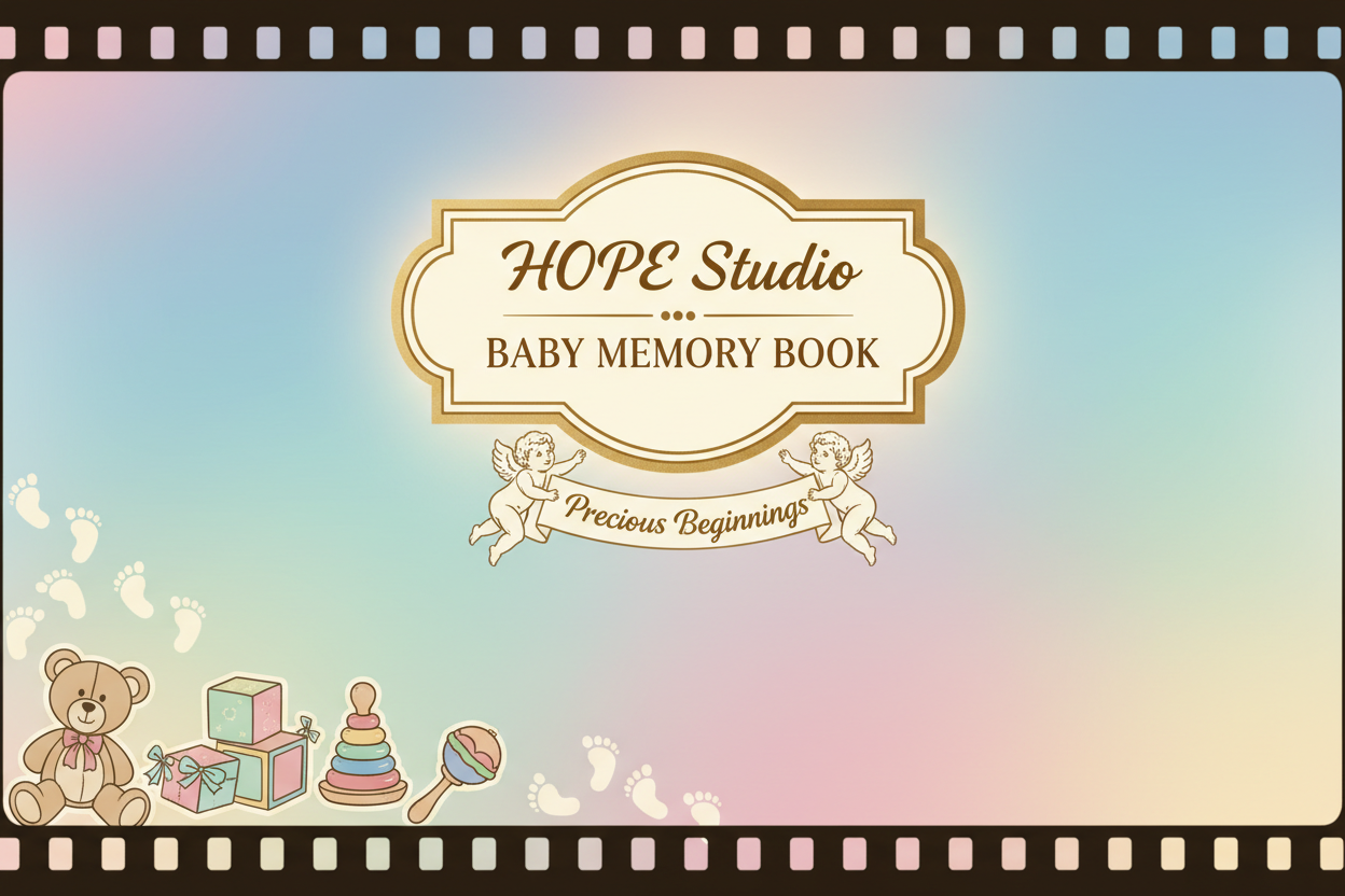 HOPE Studio premium cover — illustrated comic-style baby memory book, soft pastel gradients, tiny baby feet, nursery toys, warm gentle glow, elegant title panel, cinematic framing, emotional and premium gift aesthetic.