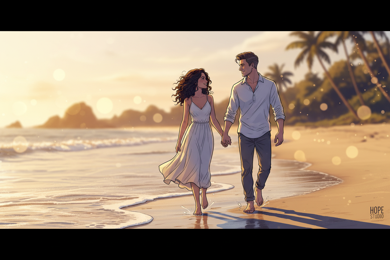 HOPE Studio–style semi-realistic illustrated comic panel showing a couple on their honeymoon — walking on the beach, laughing, or sharing a soft moment. Ink Blue shadows, Golden Almond highlights, premium storytelling, emotional, cinematic framing, soft depth of field.
