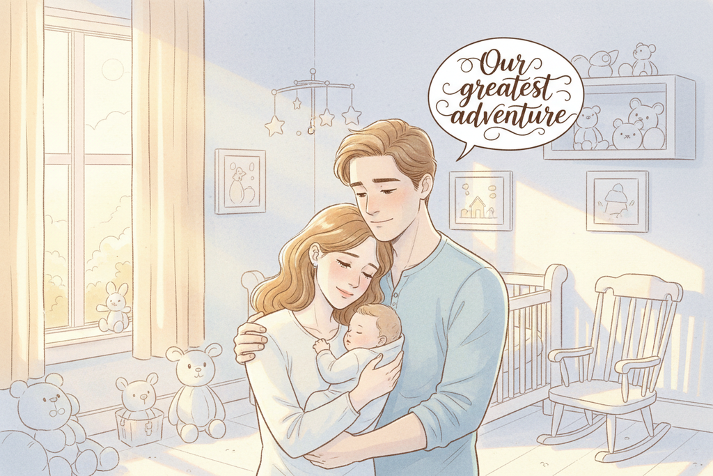 HOPE Studio style — soft pastel cinematic comic illustration of a young family with their baby, warm gentle light, emotional storytelling, soft ink lines with watercolor shading, cozy nursery background, almond-gold and ink-blue accents, sentimental parenting moment, premium illustrated storybook aesthetic, ultra high detail, 4k.