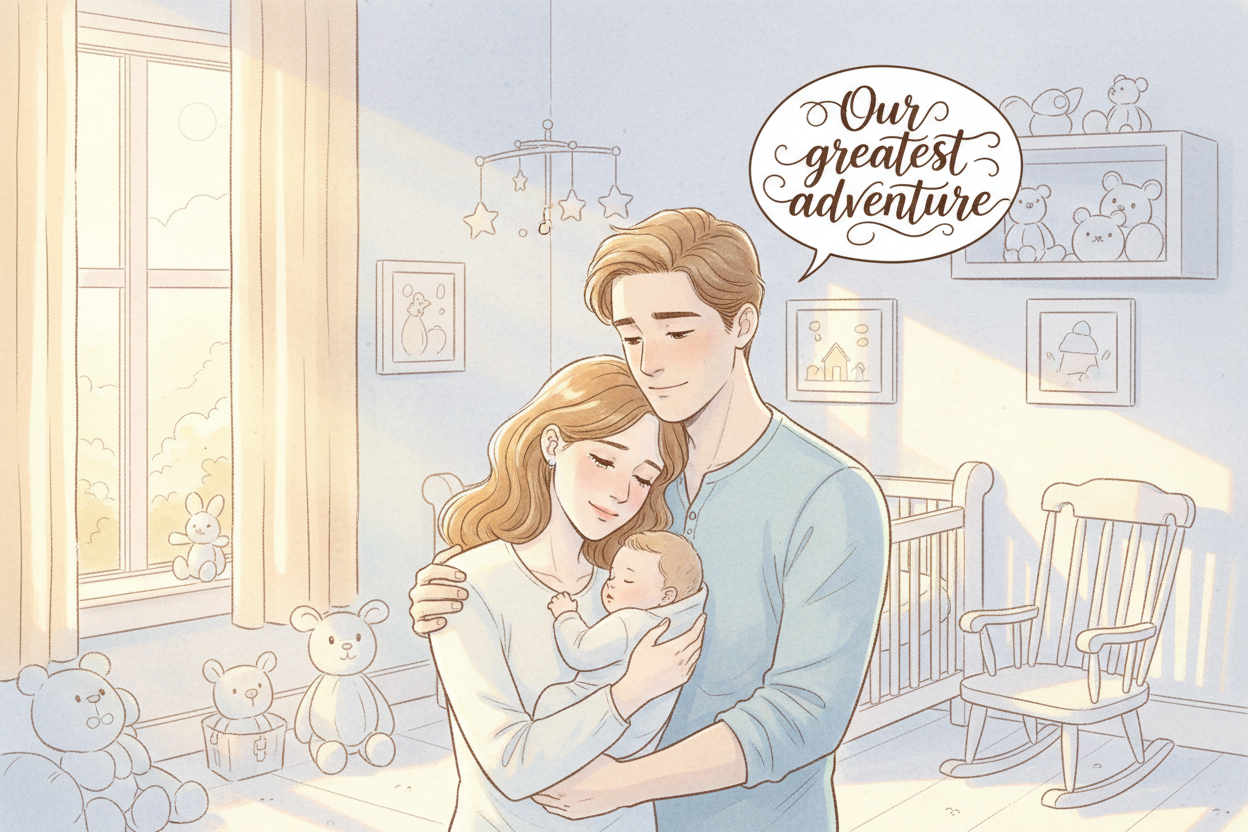 HOPE Studio style — soft pastel cinematic comic illustration of a young family with their baby, warm gentle light, emotional storytelling, soft ink lines with watercolor shading, cozy nursery background, almond-gold and ink-blue accents, sentimental parenting moment, premium illustrated storybook aesthetic, ultra high detail, 4k.