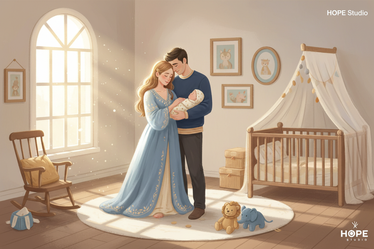 HOPE Studio style — soft pastel semi-realistic illustration of new parents holding their baby in a cozy nursery. Warm sunlight, plush toys, framed baby art on the walls, gentle cinematic shading, emotional family moment, Almond Gold + Ink Blue accents.