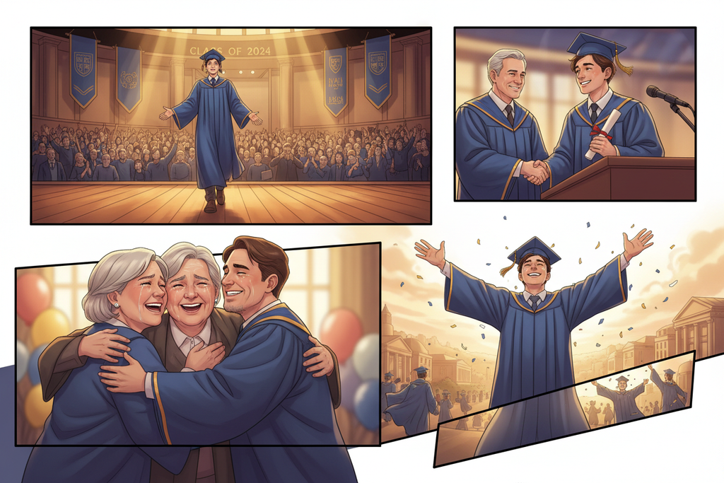 Illustrated comic panels of a graduate walking the stage, receiving their certificate, hugging family, and celebrating. Semi-realistic style, soft gradients, HOPE Studio color palette, emotional and cinematic.
