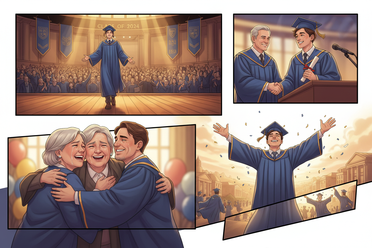 Illustrated comic panels of a graduate walking the stage, receiving their certificate, hugging family, and celebrating. Semi-realistic style, soft gradients, HOPE Studio color palette, emotional and cinematic.
