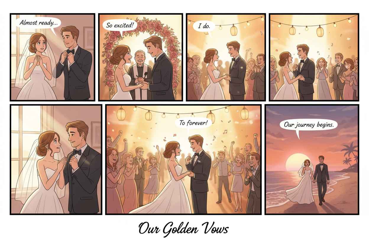 Medium-length wedding comic preview: 3–4 panels, couple moments from pre-wedding and honeymoon, warm cinematic gradients.
