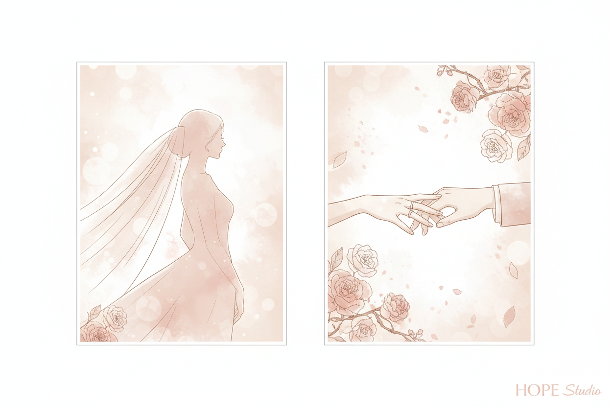 Minimal wedding comic preview: two-panel layout, soft romantic tones, subtle details, elegant HOPE Studio cinematic look.
