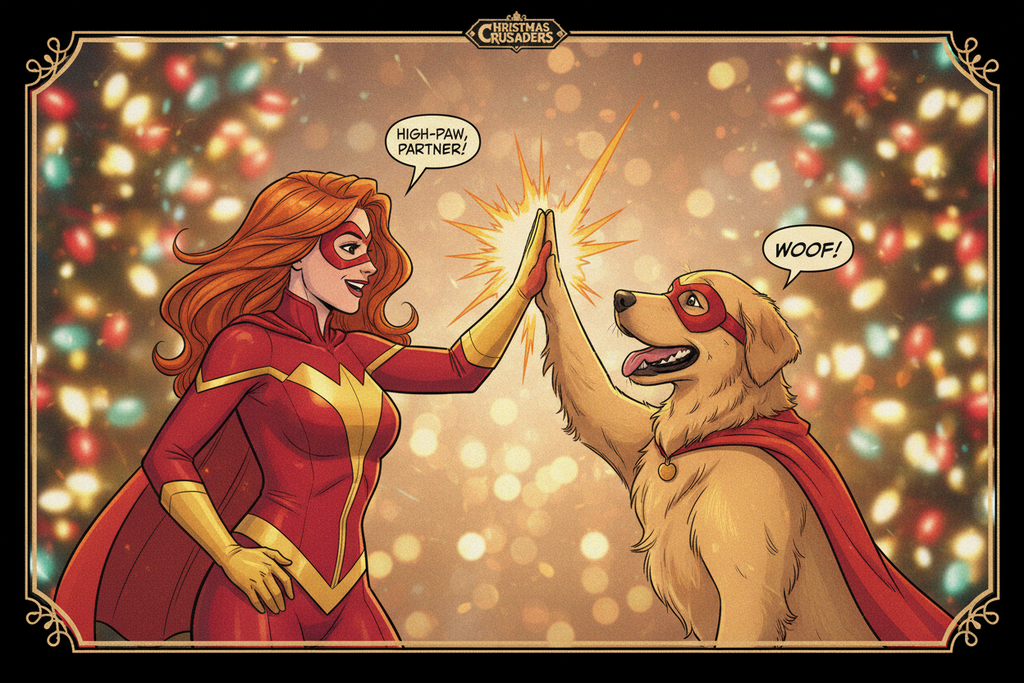 Pet and owner high-five as comic heroes, warm emotional atmosphere, vibrant colors, soft grain, cinematic comic frame, Christmas lights in background”