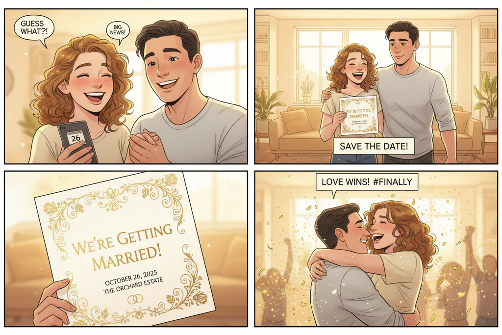 Semi-realistic illustrated comic panels showing a couple announcing their wedding date. Soft golden lighting, clean line art, warm tones, romantic expressions, modern visual storytelling, HOPE Studio cinematic color palette.
