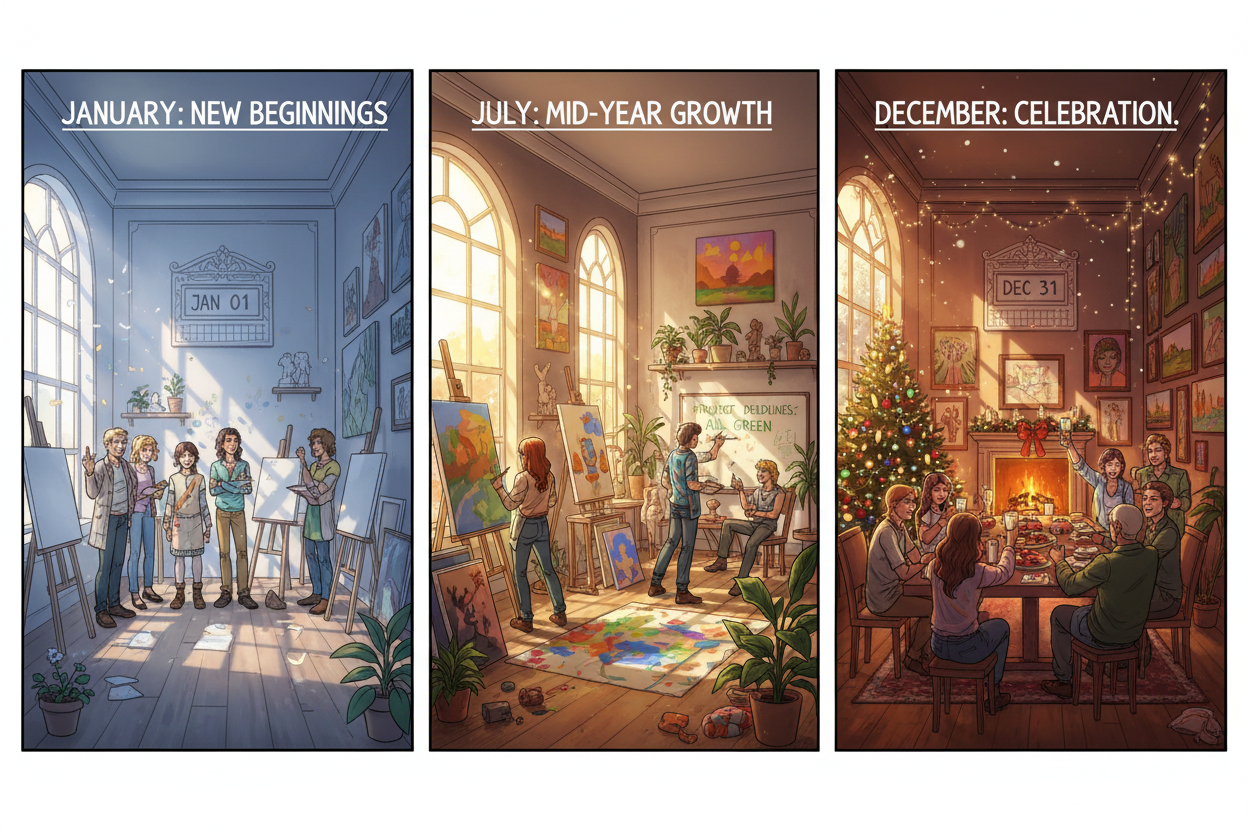 Three cinematic comic panels showing a timeline of the year — January beginnings, mid-year growth, December celebration. Soft glow highlights, HOPE Studio semi-realistic style, expressive characters, warm environment storytelling