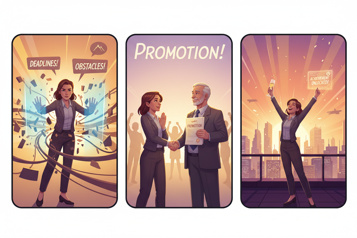 Three comic panels illustrating a professional journey: overcoming challenges, receiving a promotion, and celebrating success. Semi-realistic HOPE Studio style, cinematic gradients, warm inspirational mood.