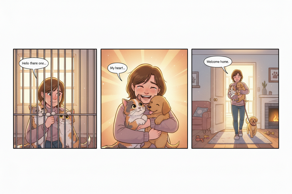 Three illustrated comic panels depicting a pet’s adoption journey — meeting at shelter, first cuddle, bringing the pet home. HOPE Studio semi-realistic comic style, soft gradients, expressive lighting, pastel warm palettes, cinematic storytelling layout.