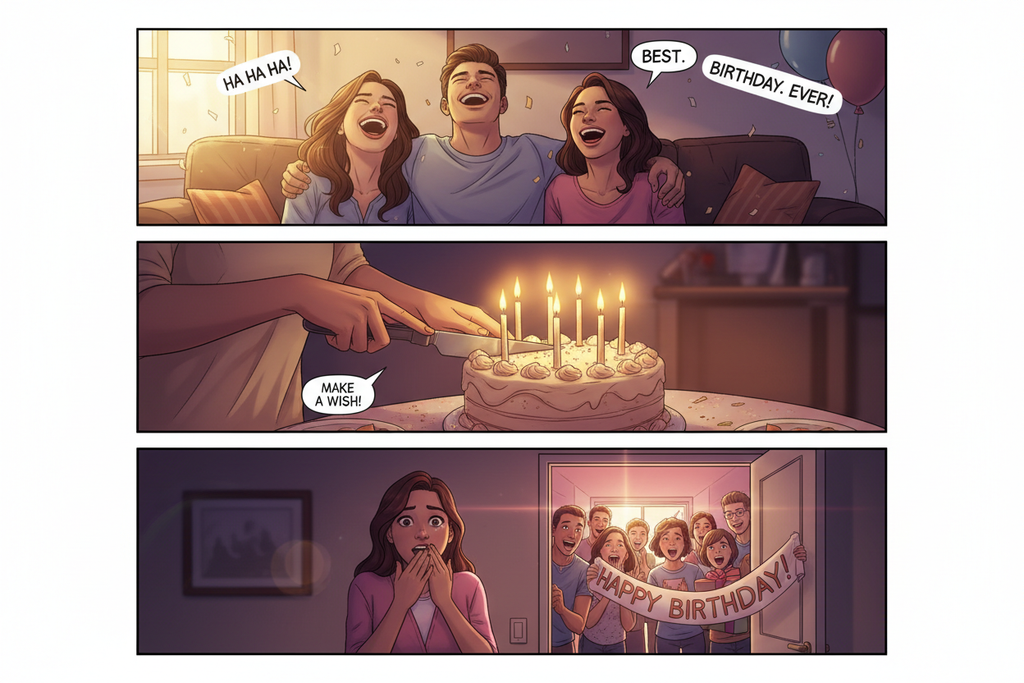 Three illustrated comic panels showing personal birthday moments — friends laughing, cutting cake, a surprise entrance. HOPE Studio semi-realistic style, cinematic gradients, warm birthday palette.