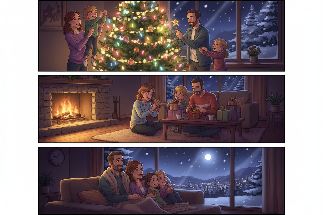 Three illustrated comic panels showing warm holiday memories — decorating a Christmas tree, wrapping gifts, enjoying a winter evening together; cinematic gradients, soft lighting, HOPE Studio semi-realistic illustration style, emotional festive storytelling.